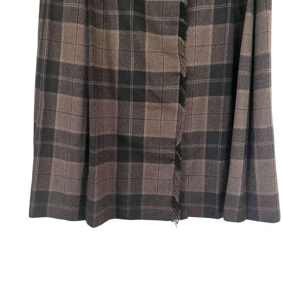 Escada Brown Black Plaid Wool Pleated Leather Belt Midi Kilt Skirt Size 38/ US M - Picture 4 of 12